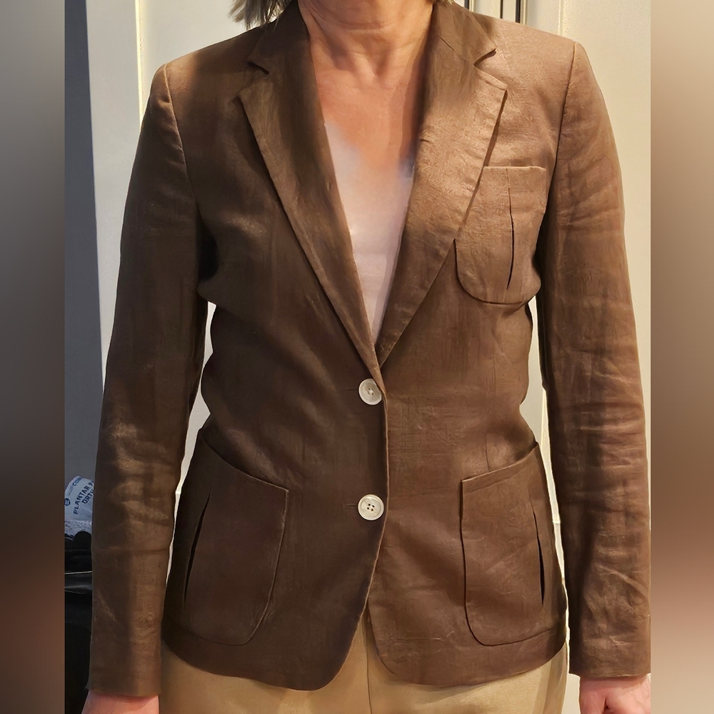 Lauren Ralph Lauren Brown Blazer Tailored Linen-Blend Jacket